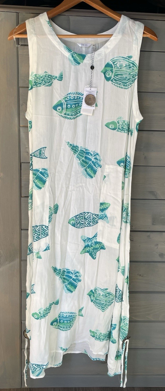 Kaktus Women’s Medium White Teal Fish side pockets Sleeveless Dress NWT